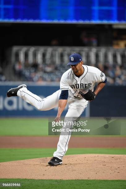 Tyson Ross of the San Diego Padres pitches during the first inning of a baseball game against the Miami Marlins at PETCO Park on May 29, 2018 in San...