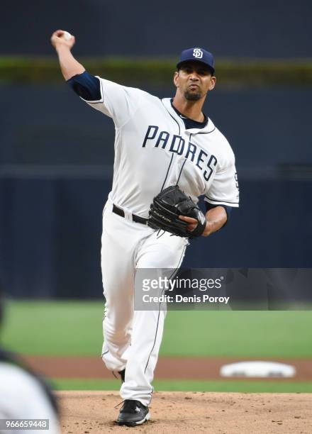 Tyson Ross of the San Diego Padres pitches during the first inning of a baseball game against the Miami Marlins at PETCO Park on May 29, 2018 in San...