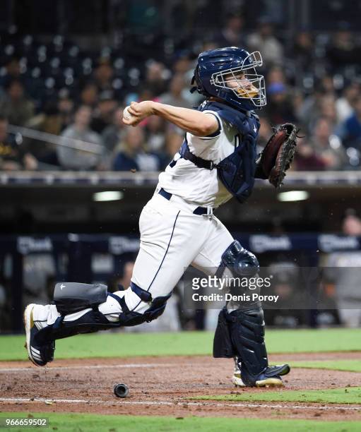 Raffy Lopez of the San Diego Padres plays during a baseball game against the Miami Marlins at PETCO Park on May 29, 2018 in San Diego, California.