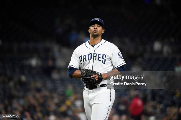 Tyson Ross of the San Diego Padres plays during a baseball game against the Miami Marlins at PETCO Park on May 29, 2018 in San Diego, California.