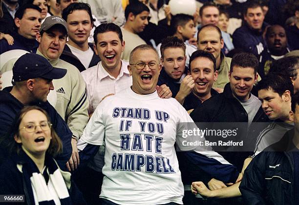 Spurs fans vent their feelings over the departure of ex-player Sol Campbell to rivals Arsenal during the FA Barclaycard Premiership match between...