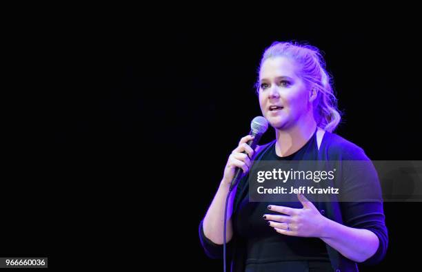 Amy Schumer performs on the Colossal Stage during Clusterfest at Civic Center Plaza and The Bill Graham Civic Auditorium on June 2, 2018 in San...