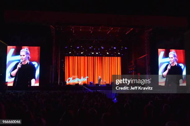 Amy Schumer performs on the Colossal Stage during Clusterfest at Civic Center Plaza and The Bill Graham Civic Auditorium on June 2, 2018 in San...