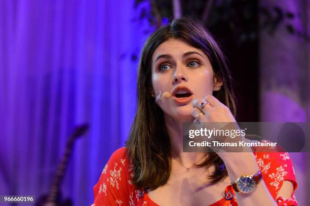 Alexandra Daddario discusses 'Youth engagement in the fight to end AIDS' with young people during the Life Ball Next Generation on June 3, 2018 in...