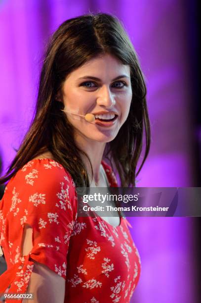 Alexandra Daddario discusses 'Youth engagement in the fight to end AIDS' with young people during the Life Ball Next Generation on June 3, 2018 in...