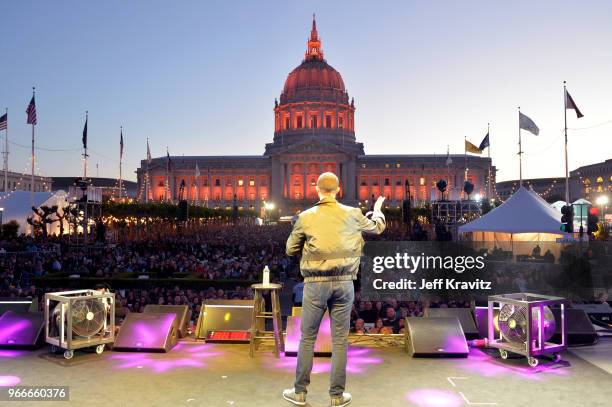 Trevor Noah performs on the Colossal Stage during Clusterfest at Civic Center Plaza and The Bill Graham Civic Auditorium on June 1, 2018 in San...