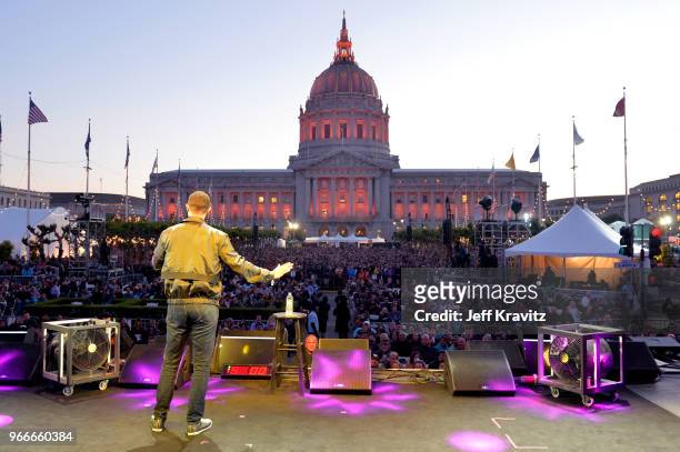 Trevor Noah performs on the Colossal Stage during Clusterfest at Civic Center Plaza and The Bill Graham Civic Auditorium on June 1, 2018 in San...