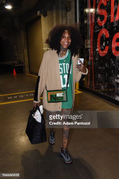 Cappie Pondexter of the Los Angeles Sparks arrives before the game against the Minnesota Lynx on June 3, 2018 at STAPLES Center in Los Angeles,...
