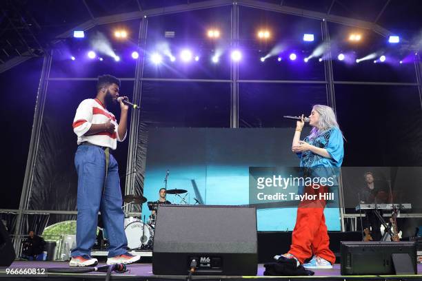Khalid and Billie Eilish perform onstage during Day 3 of the 2018 Governors Ball Music Festival at Randall's Island on June 3, 2018 in New York City.