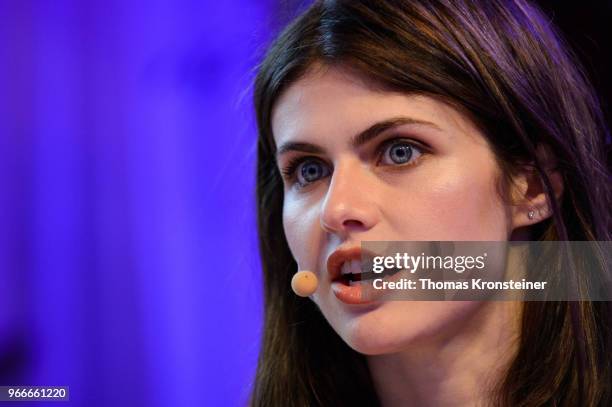 Alexandra Daddario discusses 'Youth engagement in the fight to end AIDS' with young people during the Life Ball Next Generation on June 3, 2018 in...