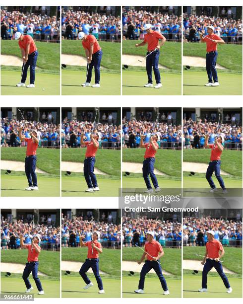 Bryson DeChambeau celebrates after winning in a playoff against Byeong-Hun An of South Korea during the final round of The Memorial Tournament...