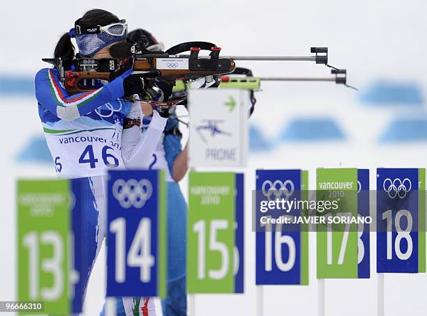 Italy's Michela Ponza competes in the women's 7.5km Sprint Biathlon at the Whistler Olympic Park during the Vancouver Winter Olympics on February 13,...