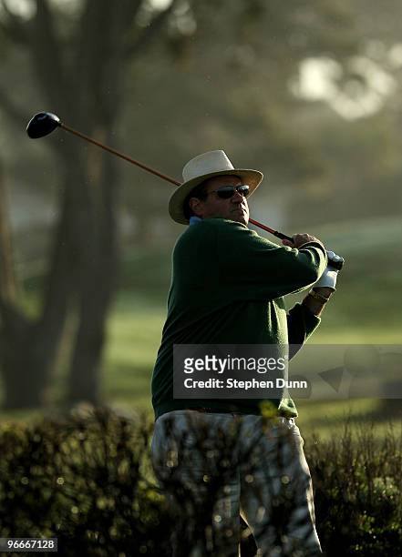 Sportscaster Chris Berman hits his tee shot on the tenth hole during the third round of the AT&T Pebble Beach National Pro-Am at Monterey Peninsula...