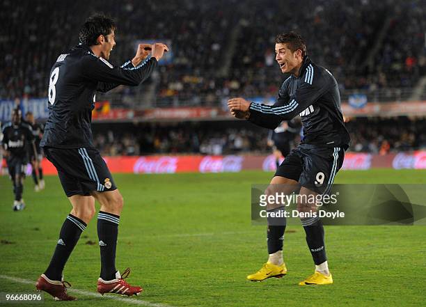 Cristiano Ronaldo of Real Madrid celebrates with Kaka after scoring Real's second goal during the La Liga match between Xerez CD and Real Madrid at...