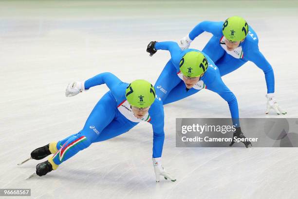 Arianna Fontana, Martina Valcepina and Cecilia Maffei of Italy compete in the Short Track Ladies' 500 m Heat on day 2 of the Vancouver 2010 Winter...