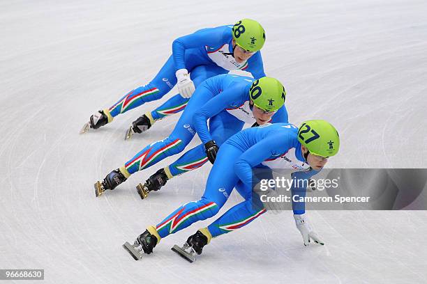 Arianna Fontana, Martina Valcepina and Cecilia Maffei of Italy compete in the Short Track Ladies' 500 m Heat on day 2 of the Vancouver 2010 Winter...
