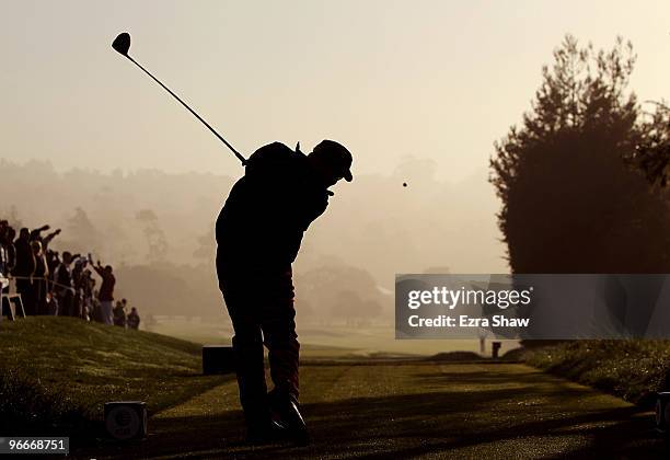 John Daly tees off on the second hole during round three of the AT&T Pebble Beach National Pro-Am at Pebble Beach Golf Links on February 13, 2010 in...