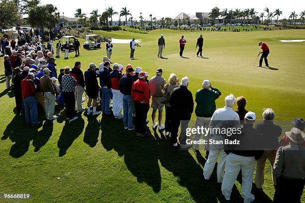 Des Smyth hits his putt on the first green during the second round of The ACE Group Classic at The Quarry on February 13, 2010 in Naples, Florida.