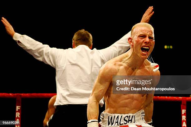 Michael Walsh of Cromer celebrates knock-out victory over Najid Ali of Cardiff after their Bantamweight bout at Wembley Arena on February 13, 2010 in...