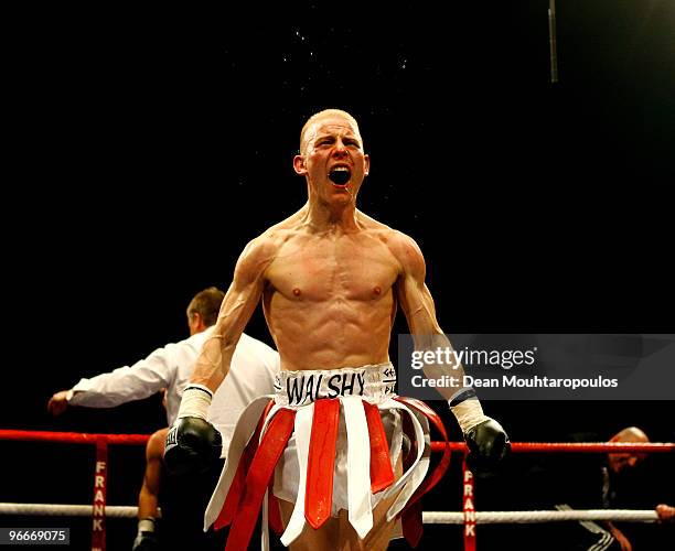 Michael Walsh of Cromer celebrates knock-out victory over Najid Ali of Cardiff after their Bantamweight bout at Wembley Arena on February 13, 2010 in...