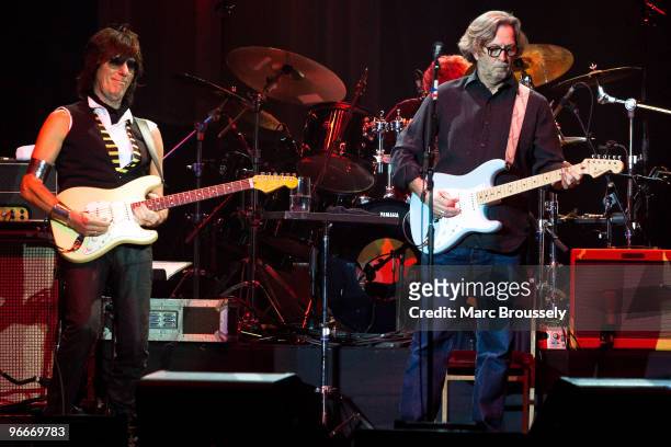 Jeff Beck and Eric Clapton perform on stage at O2 Arena on February 13, 2010 in London, England.