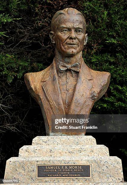 The staue of Samuel F.B. Morse, founder of the Pebble Beach Golf Links during the third round of the AT&T Pebble Beach National Pro-Am at Pebble...