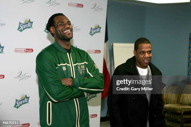 Superstar LeBron James and producer/rapper Shawn "Jay-Z" Carter speak to reporters before meeting with kids at the Dallas Boys & Girls Club on...