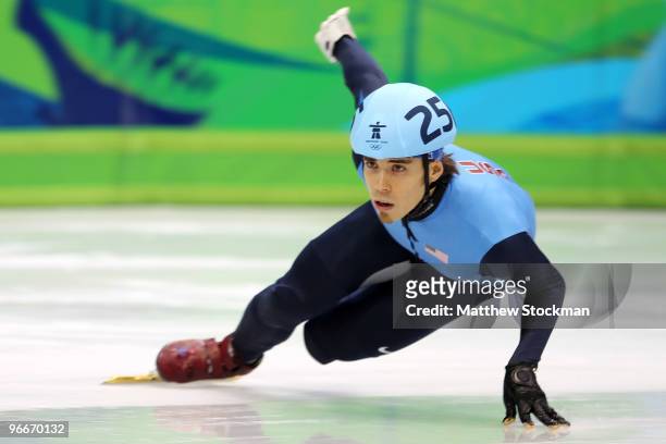 Apolo Anton Ohno of United States races in a heat of the men's 1500 m men's short track on day 2 of the Vancouver 2010 Winter Olympics at Pacific...