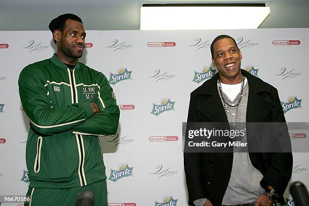 Superstar LeBron James and producer/rapper Shawn "Jay-Z" Carter speak to reporters before meeting with kids at the Dallas Boys & Girls Club on...