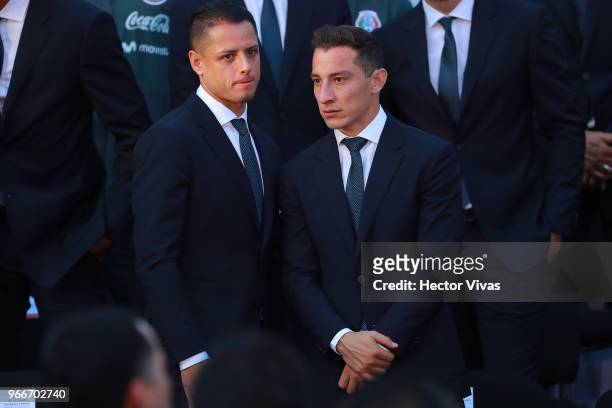 Javier Hernandez and Andres Guardado of Mexico look on during the farewell ceremony for the Mexico National Team ahead its participation in the 2018...