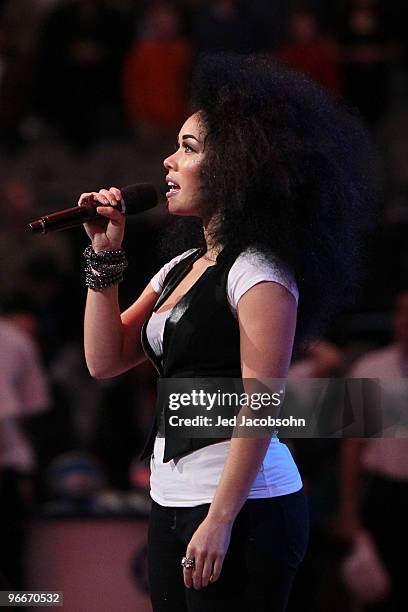 Canadian R&B/Pop artist Kreesha Turner sings the Canadian National Anthem "O canada" before the Haier Shooting Stars Competition on All-Star Saturday...