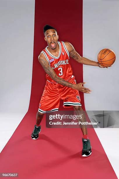 Brandon Jennings of the Milwaukee Bucks and partipant in the Taco Bell Skills Challenge poses for a portrait during All-Star Saturday Night as part...