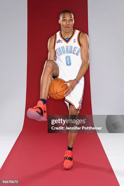 Russell Westbrook of the Oklahoma City Thunder and participant in the Taco Bell Skills Challenge poses for a portrait during All-Star Saturday Night...