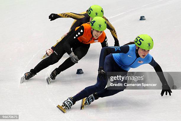 Alyson Dudek of United States leads Annita Van Doorn of Netherlands and Biba Sakurai of Japan in the Ladies' 500 m Short Track on day 2 of the...