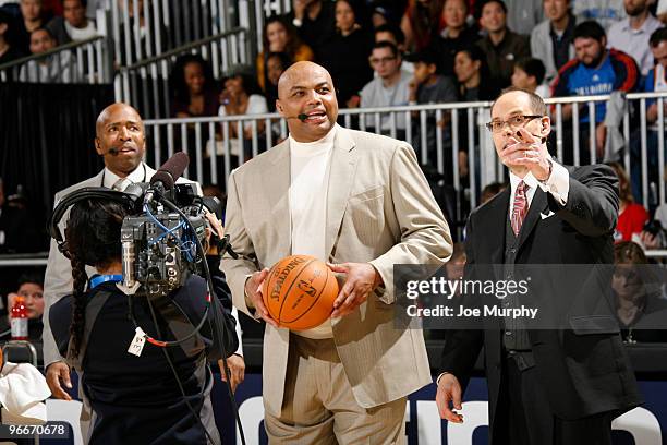 Charles Barkley NBA Legend and Ernie Johnson of TNT talk during H.O.R.S.E. Presented by Geico on center court at Jam Session presented by Adidas...
