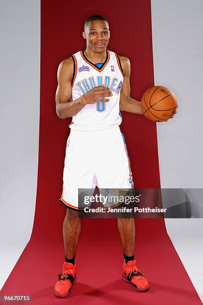 Russell Westbrook of the Oklahoma City Thunder and participant in the Taco Bell Skills Challenge poses for a portrait during All-Star Saturday Night...