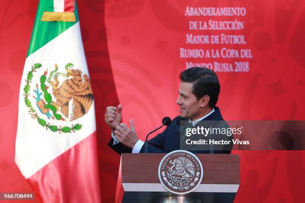 Mexico CITY, Mexico Enrique Pena Nieto, President of Mexico, speaks during the farewell ceremony for the Mexico National Team ahead its participation...