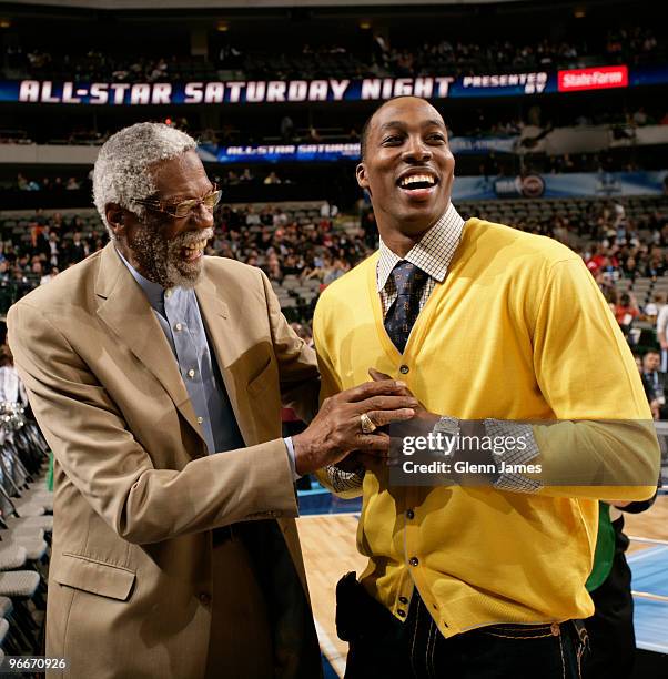 Legend Bill Russell shares a laugh with All-Star Dwight Howard on All-Star Saturday Night as part of the 2010 NBA All-Star Weekend at the American...