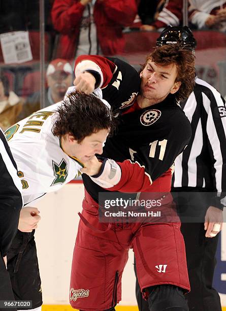 Martin Hanzal of the Phoenix Coyotes and James Neal of the Dallas Stars mix it up during first period play on February 13, 2010 at Jobing.com Arena...