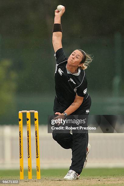 Abbey Burrows of New Zealand bowls during the Third Women's One Day International between Australia and New Zealand at St Kilda C.G. On February 14,...