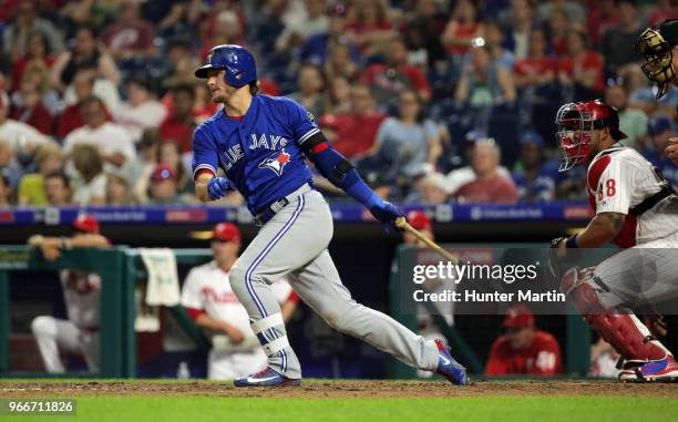 Josh Donaldson of the Toronto Blue Jays bats during a game against the Philadelphia Phillies at Citizens Bank Park on May 25, 2018 in Philadelphia,...