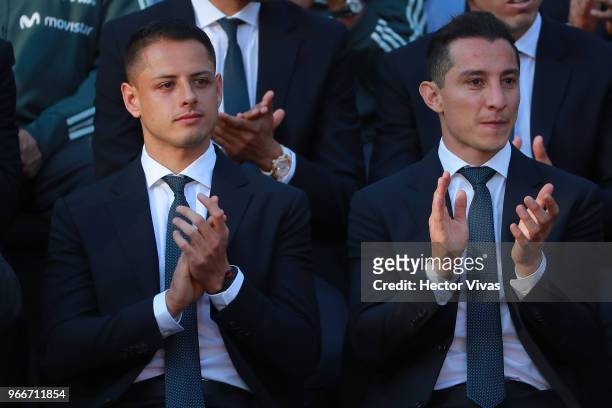 Javier Hernandez and Andres Guardado of Mexico applaud during the farewell ceremony for the Mexico National Team ahead its participation in the 2018...