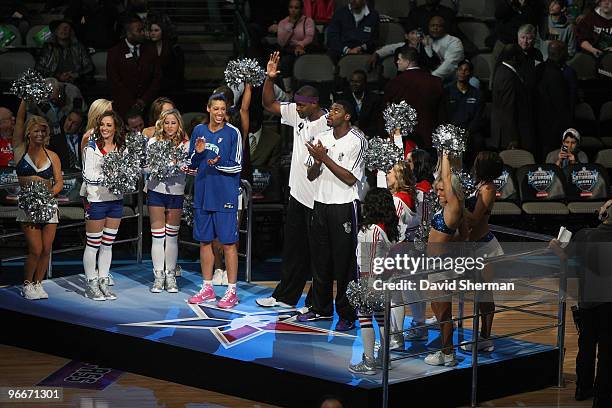 Nicole Powell, Chris Webber and Tyreke Evans of Team Sacremento is introduced prior to the Haier Shooting Stars Competition as part of All Star...