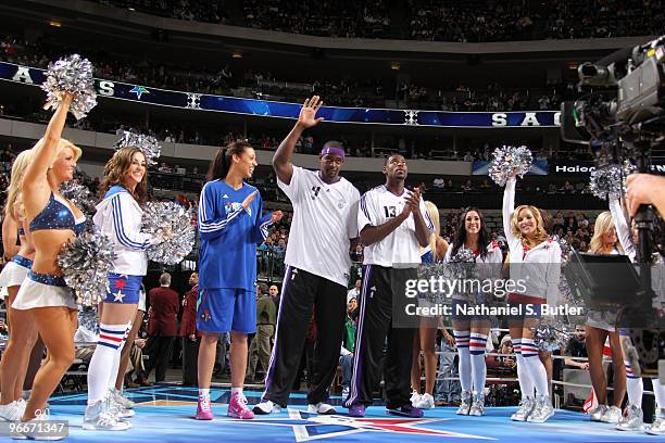 Tyreke Evans, Nicole Powell and Chris Webber of Team Sacramento are introduced during the Haier Shooting Stars contest on All-Star Saturday Night as...