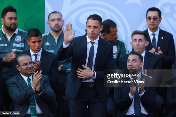 Javier Hernandez of Mexico salutes during the farewell ceremony for the Mexico National Team ahead its participation in the 2018 FIFA World Cup...