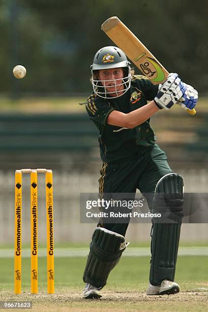Sarah Elliot of Australia plays a shot during the Third Women's One Day International between Australia and New Zealand at St Kilda C.G. On February...