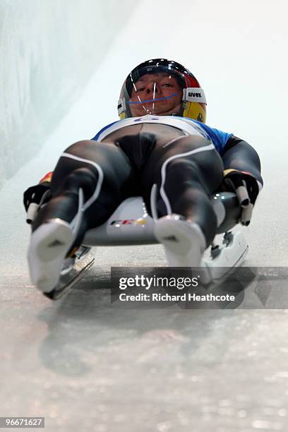 David Moeller of Germany competes during the Luge Men's Singles on day 2 of the 2010 Winter Olympics at Whistler Sliding Centre on February 13, 2010...