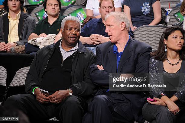 Legends and Hall of Famers Oscar Robertson and Bill Walton chat courtside during the Haier Shooting Stars Competition as part of All Star Saturday...