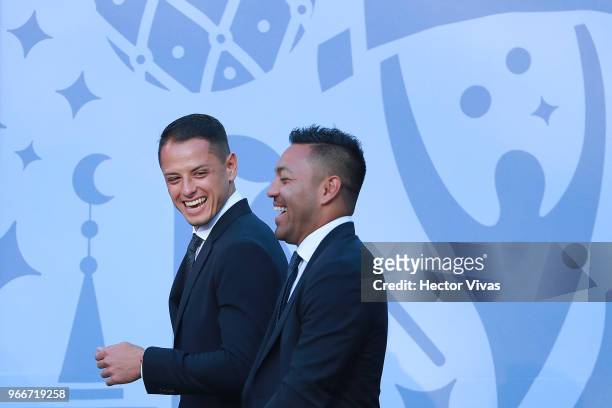 Javier Hernandez and Marco Fabian of Mexico, laugh during the farewell ceremony for the Mexico National Team ahead its participation in the 2018 FIFA...