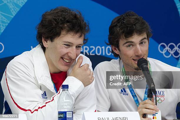 France's snowboarders Paul-Henri De Le Rue and Pierre Vaultier address a press conference of the French Olympic Committee in the Vancouver Olympic...